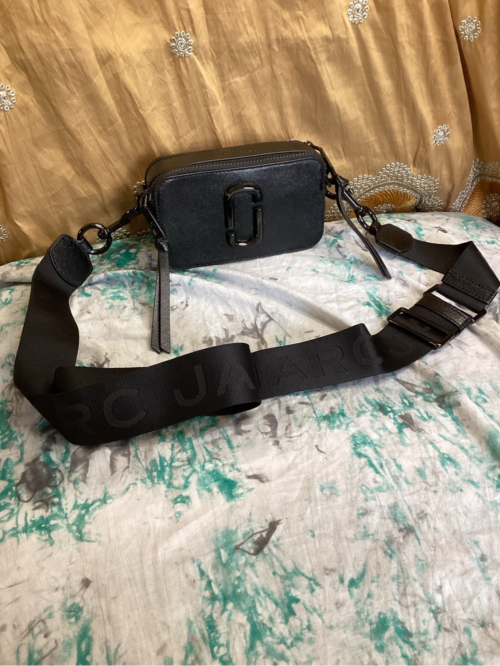 Marc Jacobs Black Leather Snapshot Compact Camera Bag with Wide Logo Strap